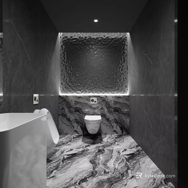 Modern Public Toilet Interior With Marble Walls And Elegant Lighting Design 3d model