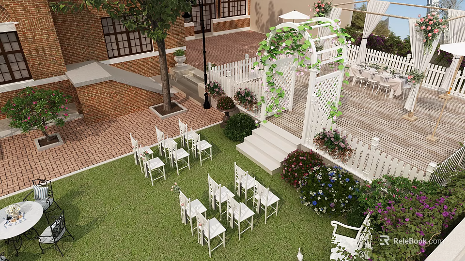 Detached Villa Outdoor Area With Red Brick Exterior White Arbor Vines Greenery And Lawn Chairs 3d model 