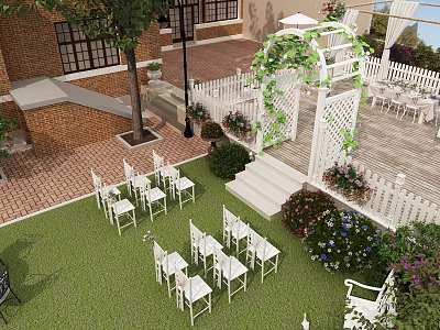 Detached Villa Outdoor Area With Red Brick Exterior White Arbor Vines Greenery And Lawn Chairs 3d model