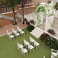 Detached Villa Outdoor Area With Red Brick Exterior White Arbor Vines Greenery And Lawn Chairs