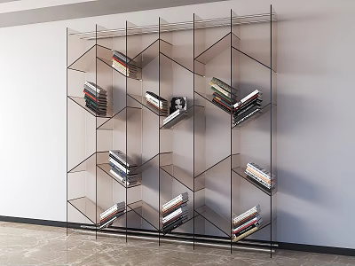Modern Open Bookcase With Metal Frame And Geometric Shelves Holding Books 3d model