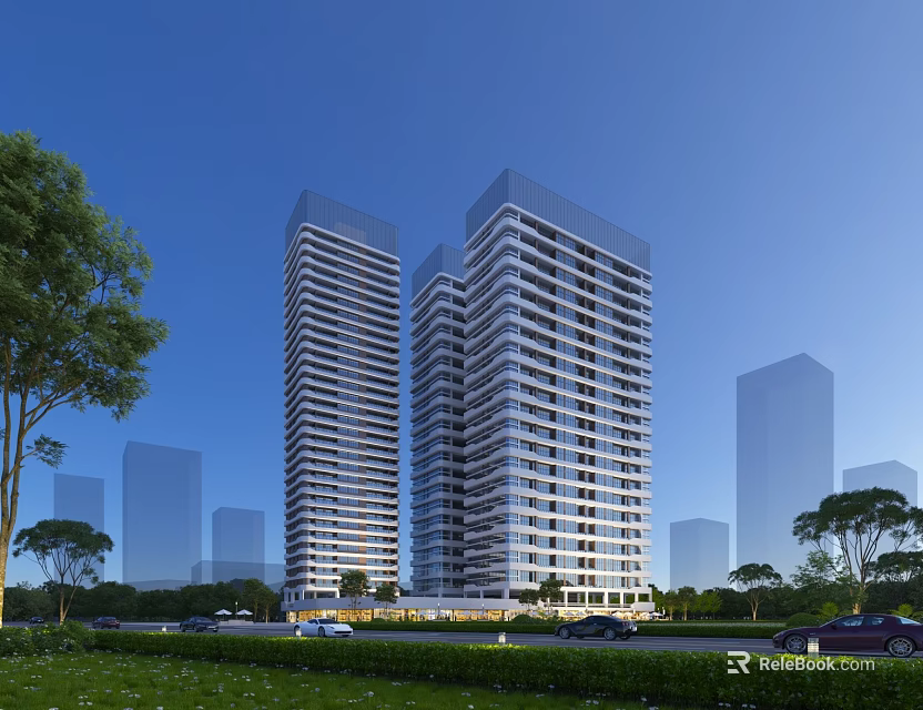 Modern Office Building Exterior With Tall High Rise Structure Greenery And Cars On Road 3d model 