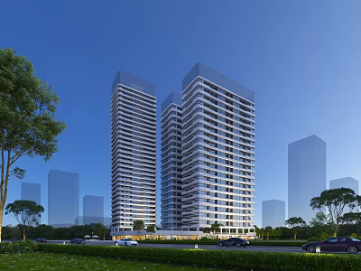 Modern Office Building Exterior With Tall High Rise Structure Greenery And Cars On Road 3d model