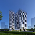 Modern Office Building Exterior With Tall High Rise Structure Greenery And Cars On Road