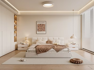 Modern Minimalist Bedroom Interior With Upholstered Bed Nightstands Lamps And Wall Art 3d model