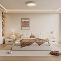 Modern Minimalist Bedroom Interior With Upholstered Bed Nightstands Lamps And Wall Art