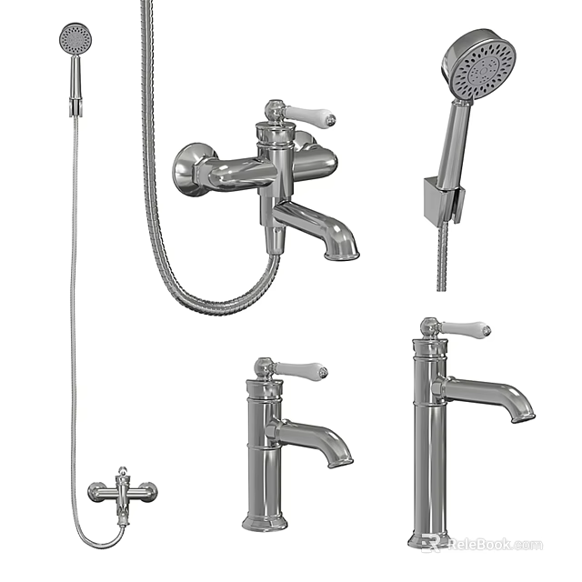 Different Types Of Stainless Steel Bathroom Faucets With Shower Hose And Handheld Sprayer 3d model 