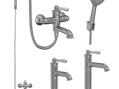 Different Types Of Stainless Steel Bathroom Faucets With Shower Hose And Handheld Sprayer 3d model