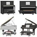 Classic Musical Instruments Black White Upright Grand Pianos With Bench And Sheet Music