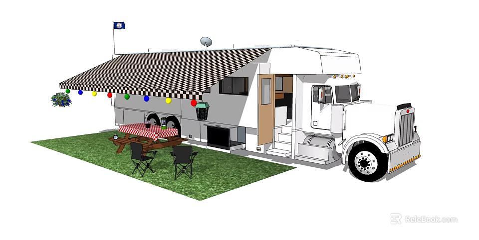 Recreational Vehicle With Striped Awning Colored Flags Outdoor Table Chairs on Grass Area 3d model 