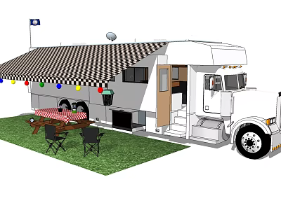 Recreational Vehicle With Striped Awning Colored Flags Outdoor Table Chairs on Grass Area 3d model
