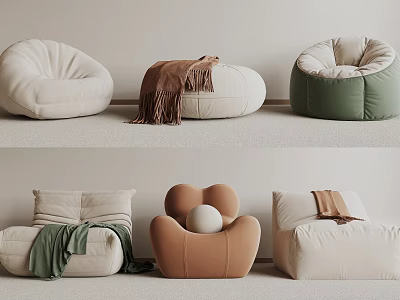 Modern Cozy Bean Bag Chairs In Beige Green Brown With Soft Blanket And Round Pillow 3d model