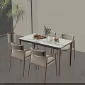 Modern Wooden Dining Table Set With Beige Chairs Tableware And Plant in Modern Interior