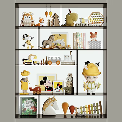 Adorable Dolls Collection On Shelves With Animal Figures And Toy Cars 3d model