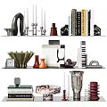 Modern Decorative Ornament Set with Geometric Sculptures Candlesticks Vases and Books on Display Shelf