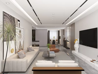 Modern Living Dining Room Interior With Beige Sofa Coffee Table TV Wall And Potted Plant 3d model