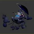 Game and Movie Characters Standing on Broken Rock Platform With Dark Smoke and Colorful Gear