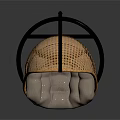 Woven Rattan Single Chair With Oval Shape Gray Cushion And Black Metal Stand