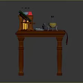 Vintage Wooden Table Setup with Green Book Red Cloth Bottles Mortar and Fruits