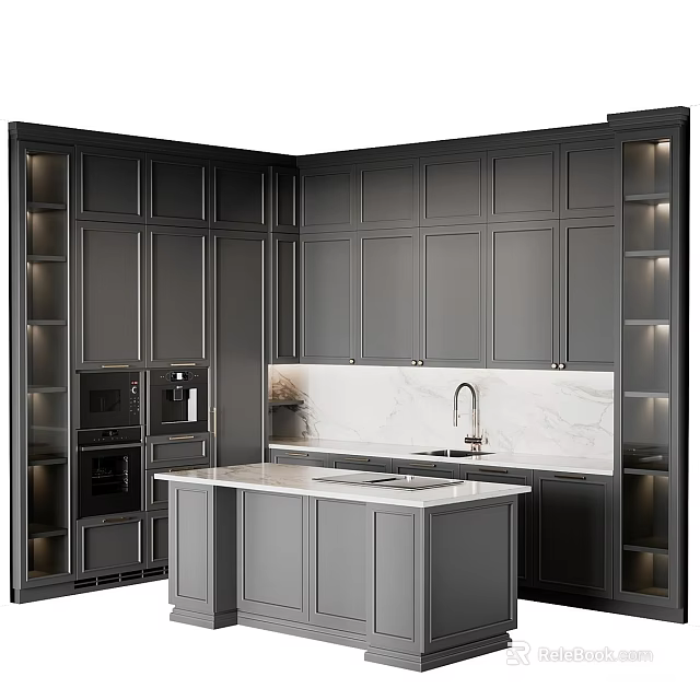 Stylish Modern Kitchen With Gray Cabinets Marble Countertops And Central Island 3d model 