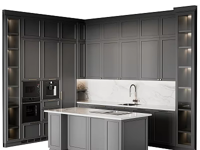 Stylish Modern Kitchen With Gray Cabinets Marble Countertops And Central Island 3d model