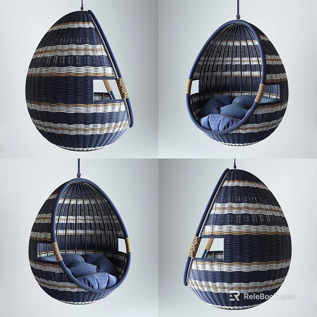Stylish Wicker Hanging Chair Egg Shaped With Navy Blue And Beige Stripes And Blue Cushions 3d model 