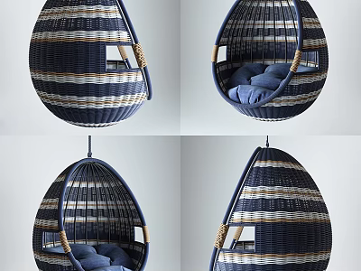 Stylish Wicker Hanging Chair Egg Shaped With Navy Blue And Beige Stripes And Blue Cushions 3d model