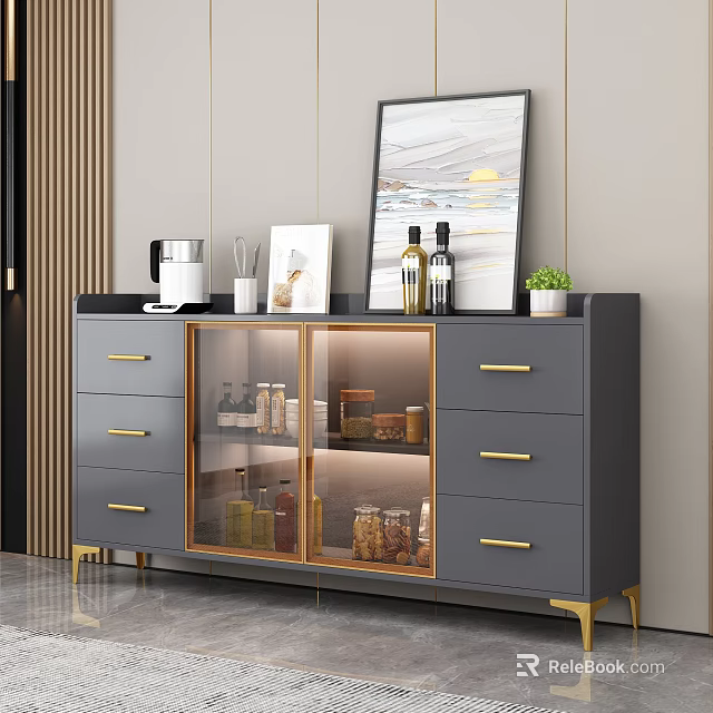 Gray Sideboard with Gold Handles Glass Doors and Decorative Storage in Modern Interior 3d model 