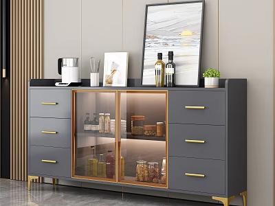 Gray Sideboard with Gold Handles Glass Doors and Decorative Storage in Modern Interior 3d model