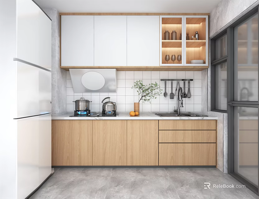 Modern Open Concept Kitchen Interior With Island Countertop Cabinets And Appliances 3d model 