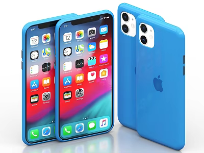 Blue iPhone Smartphones With Display Screen Back Camera And Apple Logo Design 3d model