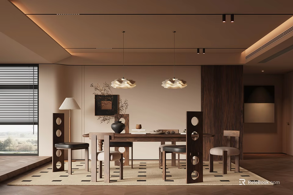 Warm Modern Restaurant Interior With Wooden Dining Table Chairs Pendant Lights And Decorative Rug 3d model 