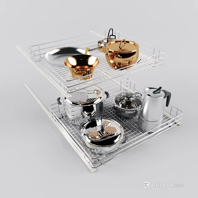 Stainless Steel Two Tier Kitchenware Rack Holding Gold Silver Pots Kettles 3d model 
