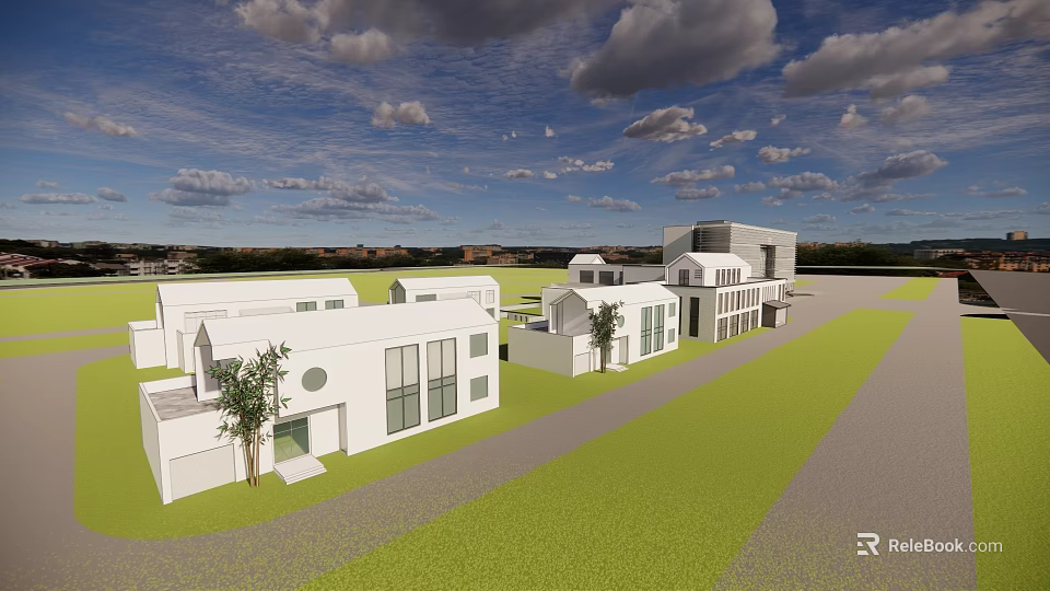 Modern White Office Buildings With Green Lawn And Trees Under Cloudy Sky 3d model 