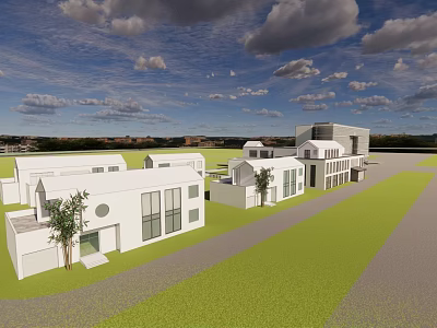 Modern White Office Buildings With Green Lawn And Trees Under Cloudy Sky 3d model