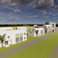 Modern White Office Buildings With Green Lawn And Trees Under Cloudy Sky