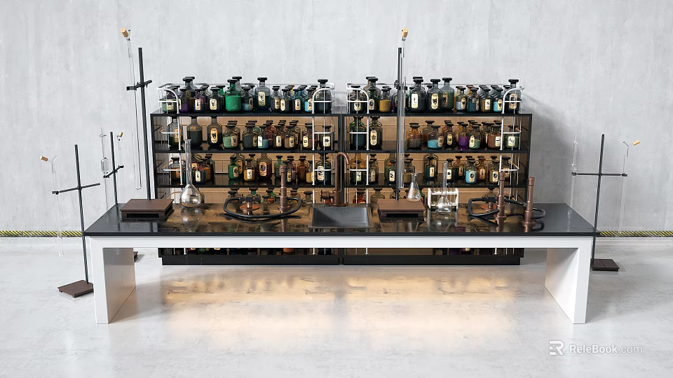 Industrial Laboratory Equipment With Metal Shelves Holding Various Bottles And Glassware 3d model 