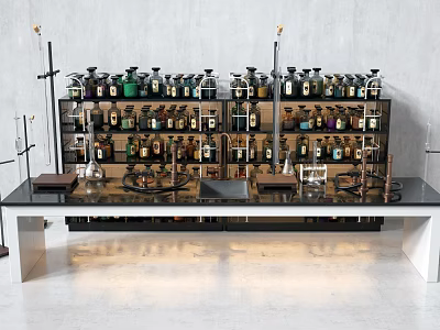 Industrial Laboratory Equipment With Metal Shelves Holding Various Bottles And Glassware 3d model