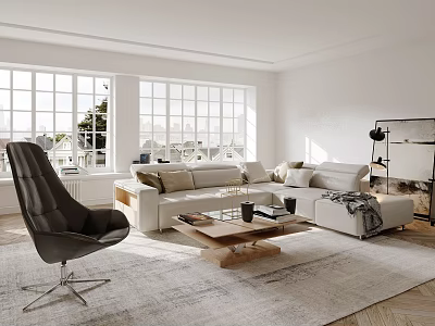Modern Living Room Interior With Large Windows And Comfortable Seating 3d model