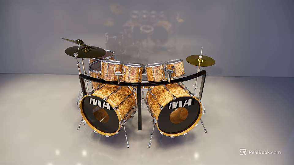 Complete INVA Drum Set With Wooden Texture Cymbals And Metal Stands 3d model 