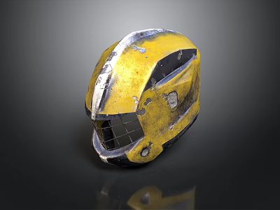 Worn Yellow Metal Weapon Helmet With Protective Design And Scratched Surface 3d model