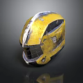Worn Yellow Metal Weapon Helmet With Protective Design And Scratched Surface