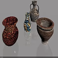 Four Decorative Vases With Diverse Patterns And Colors On Reflective Surface 3d model