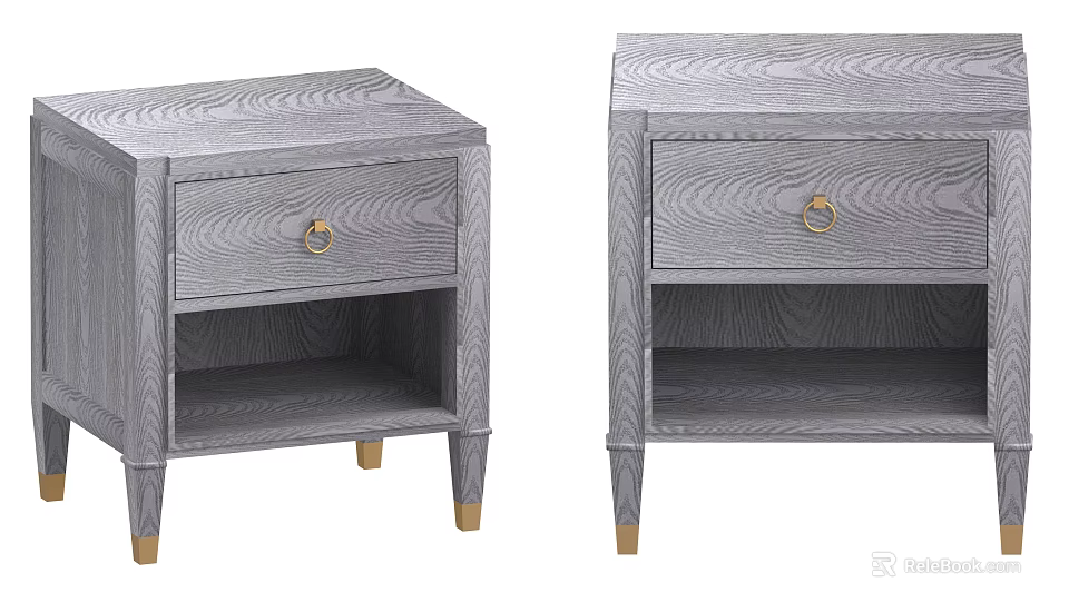 Gray Wood Grain Bedside Tables With Golden Knobs Drawer Open Shelf And Golden Legs 3d model 