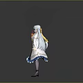 3D Anime Character With Long Silver Hair And Blue White Dress Interacting With Flame Creature