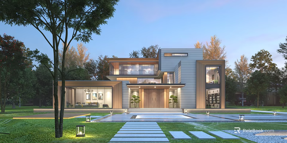 Modern Single Family Villa Exterior With Large Windows Stone Pathway And Green Trees 3d model 