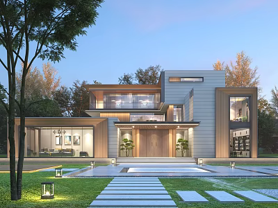 Modern Single Family Villa Exterior With Large Windows Stone Pathway And Green Trees 3d model