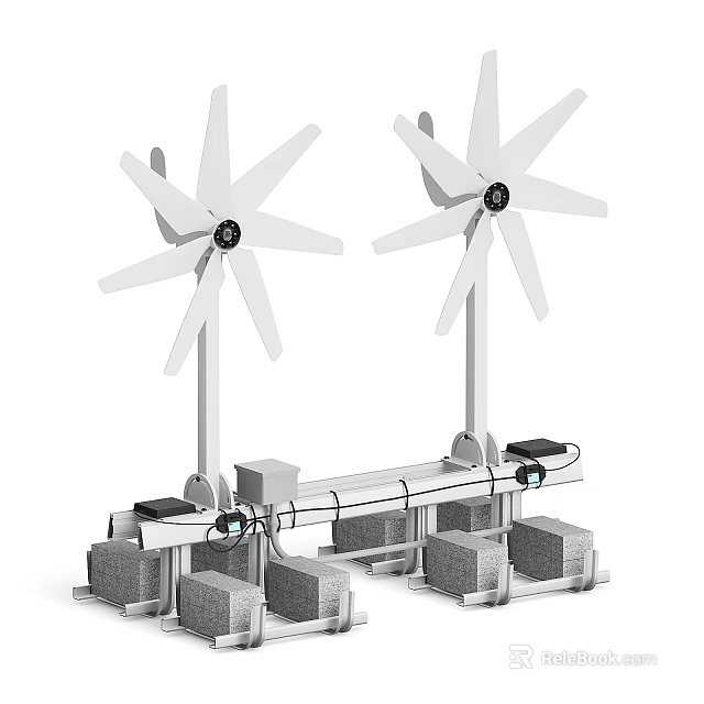 White Windmill Shaped Building Components With Concrete Block Supports And Metal Pipe Connections 3d model 