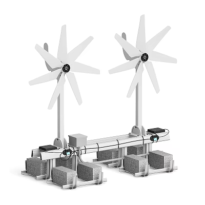 White Windmill Shaped Building Components With Concrete Block Supports And Metal Pipe Connections 3d model