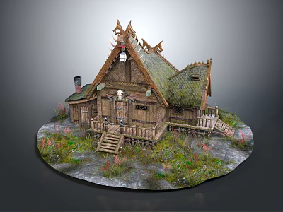 Traditional Wooden House With Gabled Green Roof Decorative Spires And Surrounding Grass 3d model